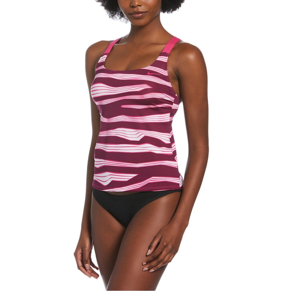 NWT Nike Wave-Stripe V-Back Tankini Swimsuit Top Pink & White Size M